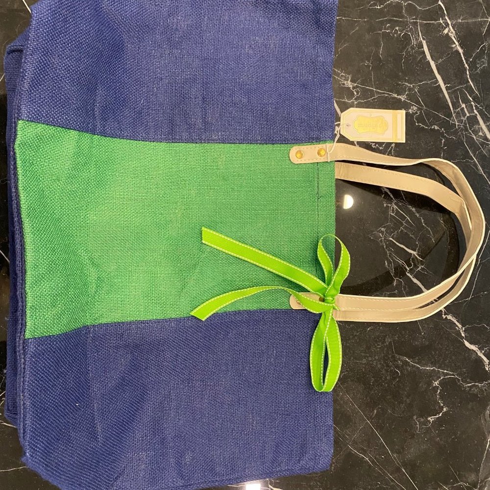 NWT Mudpie Colorblock Jute Tote in Navy  and Green